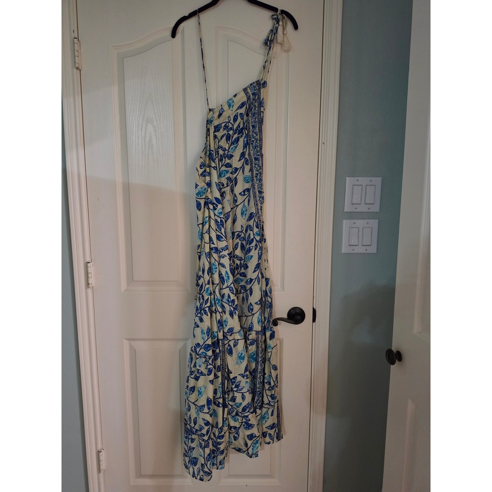 Zury Silk Blend One Shoulder Maxi Dress Blue Leaf Print Tassel Tiered Free Size